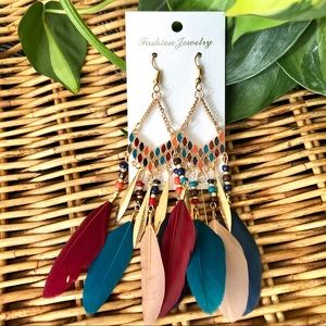 Colorful Bead and Feather Bohemian Style Earrings